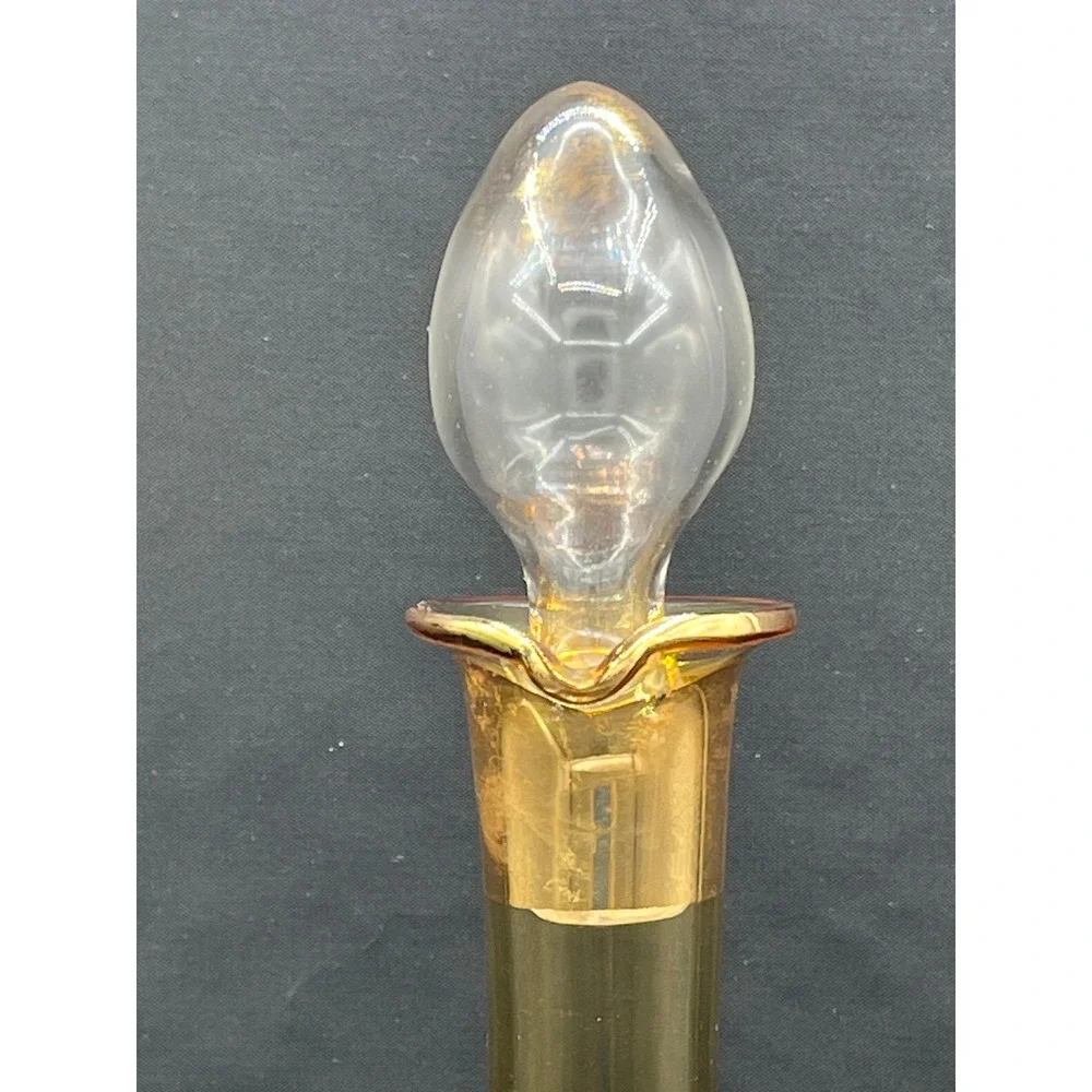 Vtg Amber Glass Decanter Floral Hand Painted Barware Carafe‎ 13.5